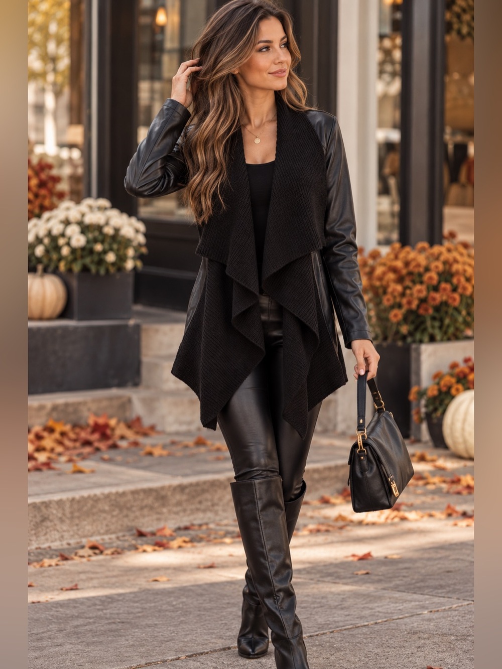 Bar III Black Draped Open Front Mixed Media Faux Leather Jacket Size L